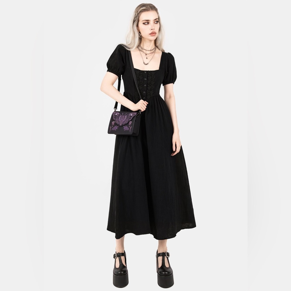 Rare Disturbia Black Alder Midi Dress with Puff Sleeves US sz 8, fits like a 10. - Picture 6 of 7